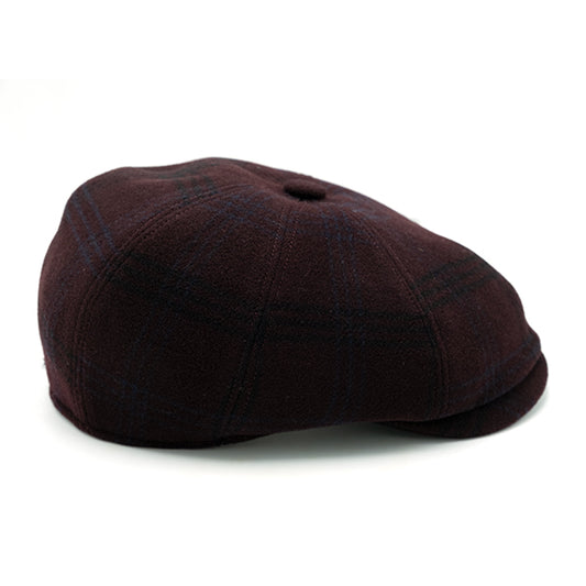 Coppola 8 spicchi in lana con fantasia tartan bordeaux e fodera interna di seta con pattern Ulturale burgundy