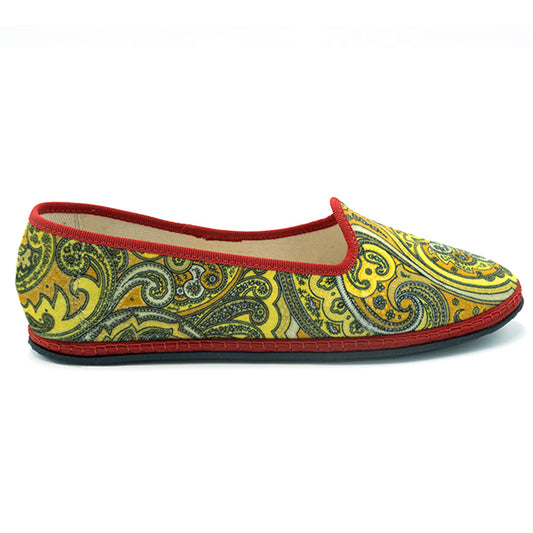 Furlane con pattern paisley verde e arancio e bordo rosso