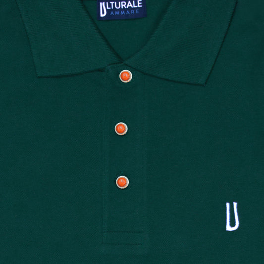 Green polo shirt with coral and silver buttons