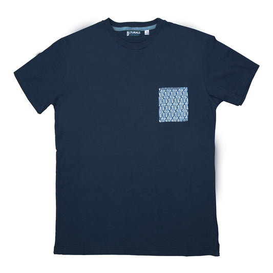 T-Shirt blu con taschino bianco e logomania blu